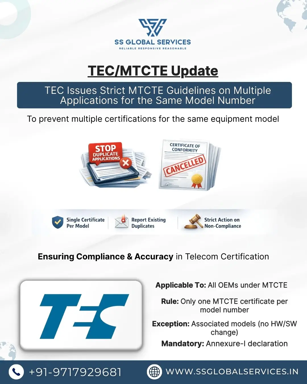TEC Issues Strict MTCTE Guidelines on Multiple Applications for the Same Model Number